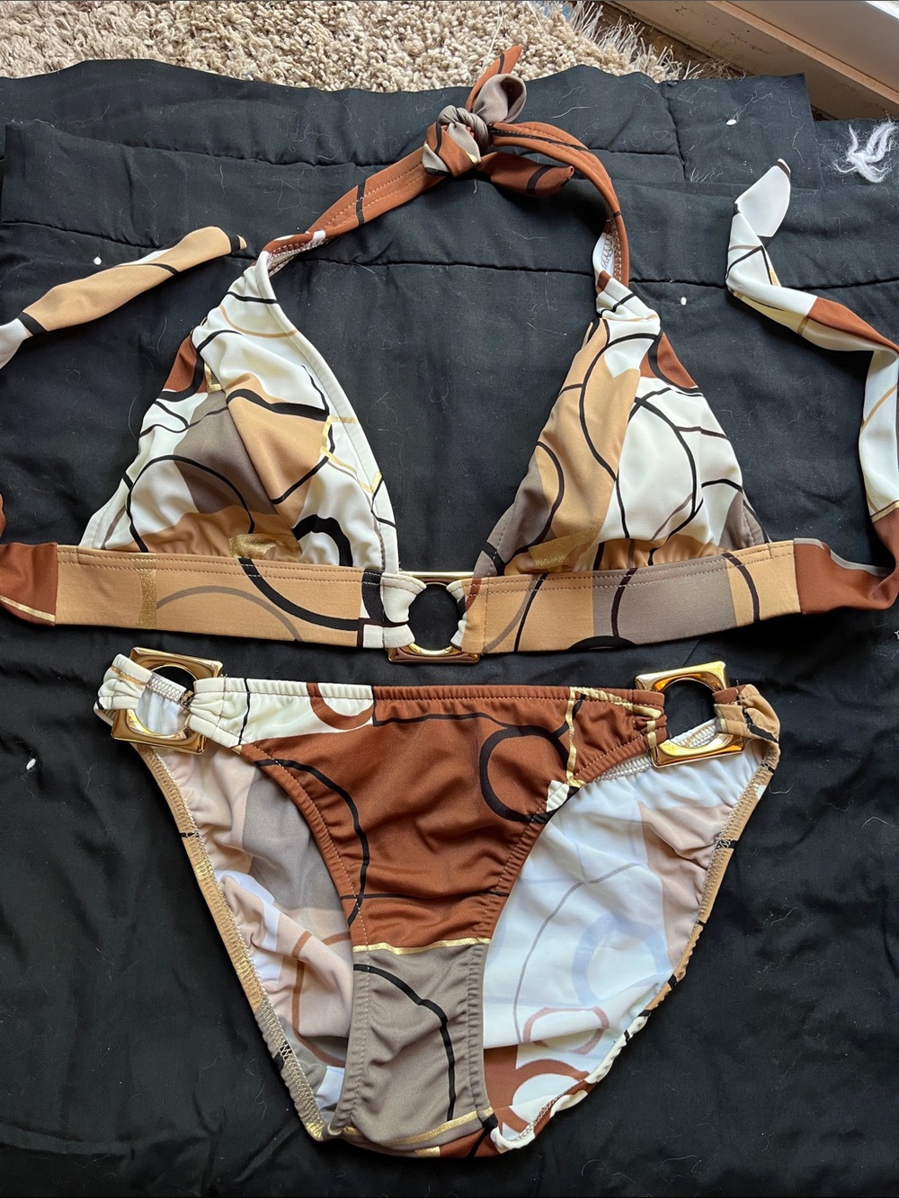 VENUS Brown, Cream and Tan Abstract Halter Bikini with Gold Rings
